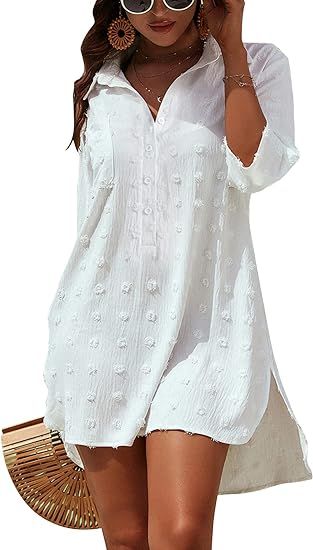 Blooming Jelly Womens Swimsuit Coverups White Chiffon Bikini Swimwear Beach Cover Up Dress Shirt | Amazon (US)