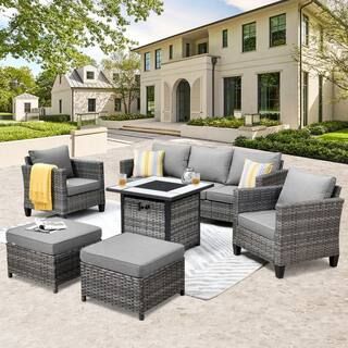 XIZZI Megon Holly 6-Piece Wicker Outdoor Patio Fire Pit Seating Sofa Set with Dark Gray Cushions ... | The Home Depot