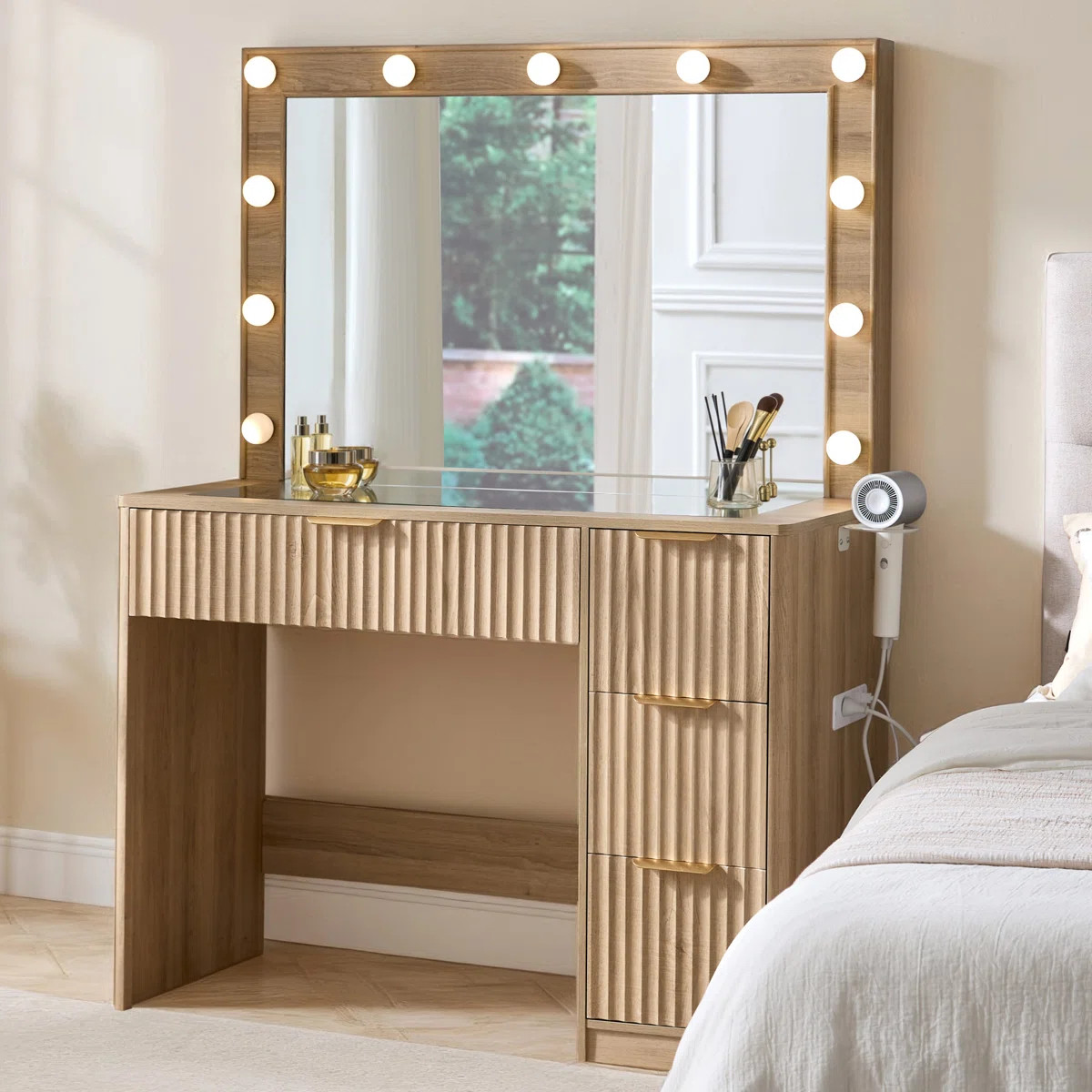 36.2" W Modern Vanity Desk With 4 Drawers, Led Lighted Mirror & Power Outlets, Natural | Wayfair North America
