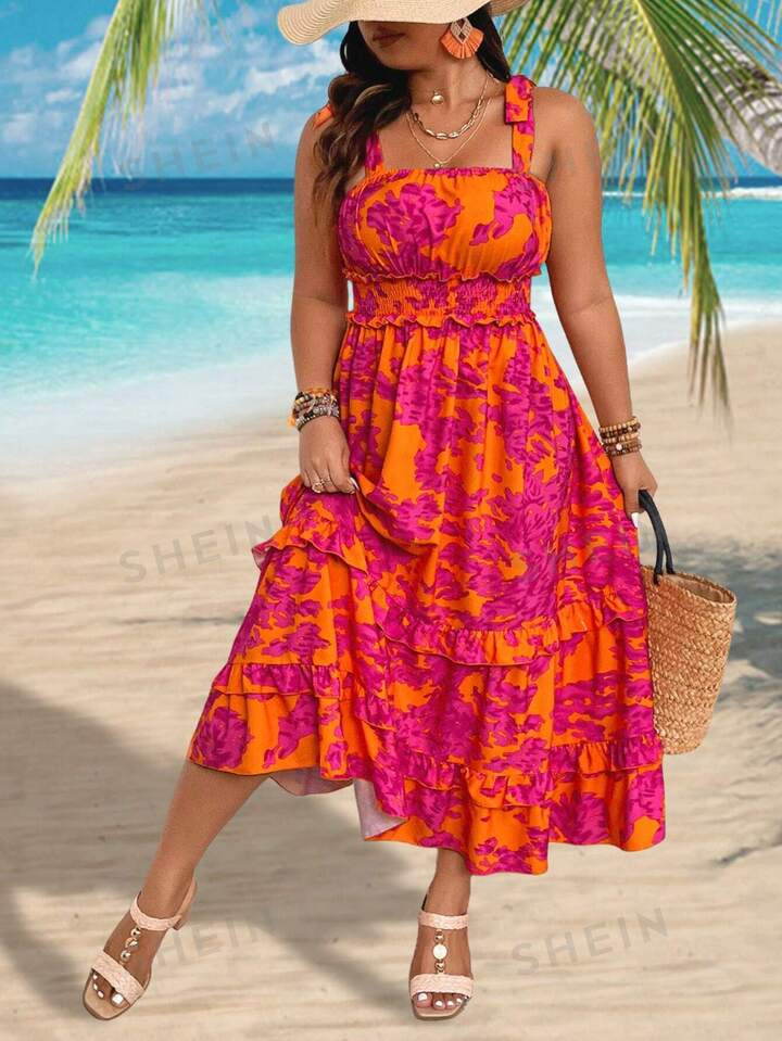 SHEIN VCAY Plus Size Summer Holiday Flower Printed Ruffle Hem Cami Dress | SHEIN