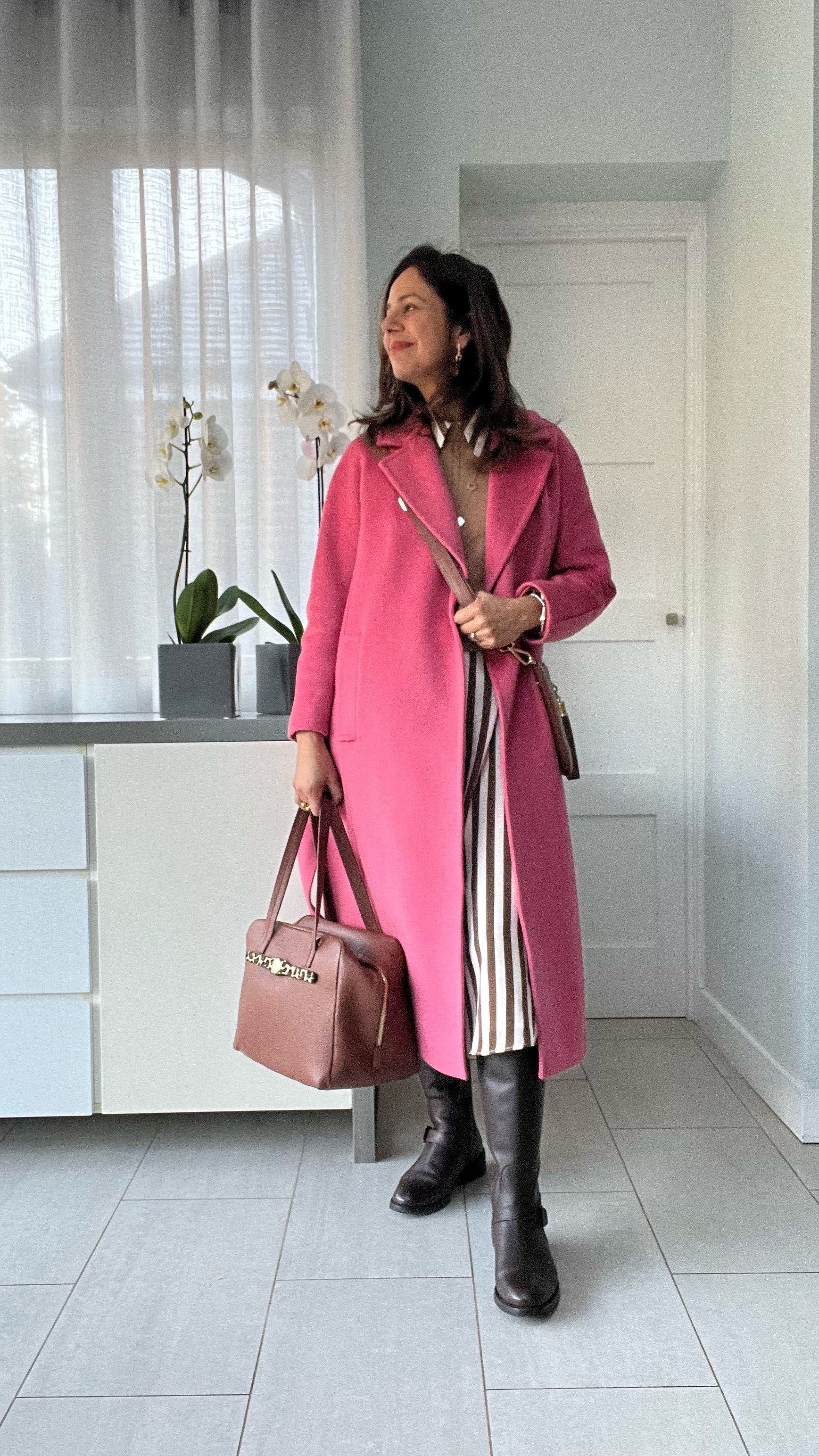 Sezane, L K Bennett, Sarah Haran, Duo Boots, M & S, striped dress, silk dress, bags, petite fashion, workwear fashion, 
winter outfit, winter style, winter outfit ideas, winter fashion, evening outfit, brown knee high boots, winter work outfit, pink coat, wool coat, crossbody bag, neutral outfit ideas, winter work outfits, smart casual outfits, over 50 styling tips, smart outfits

#LTKover50style #LTKeurope #LTKstyletip