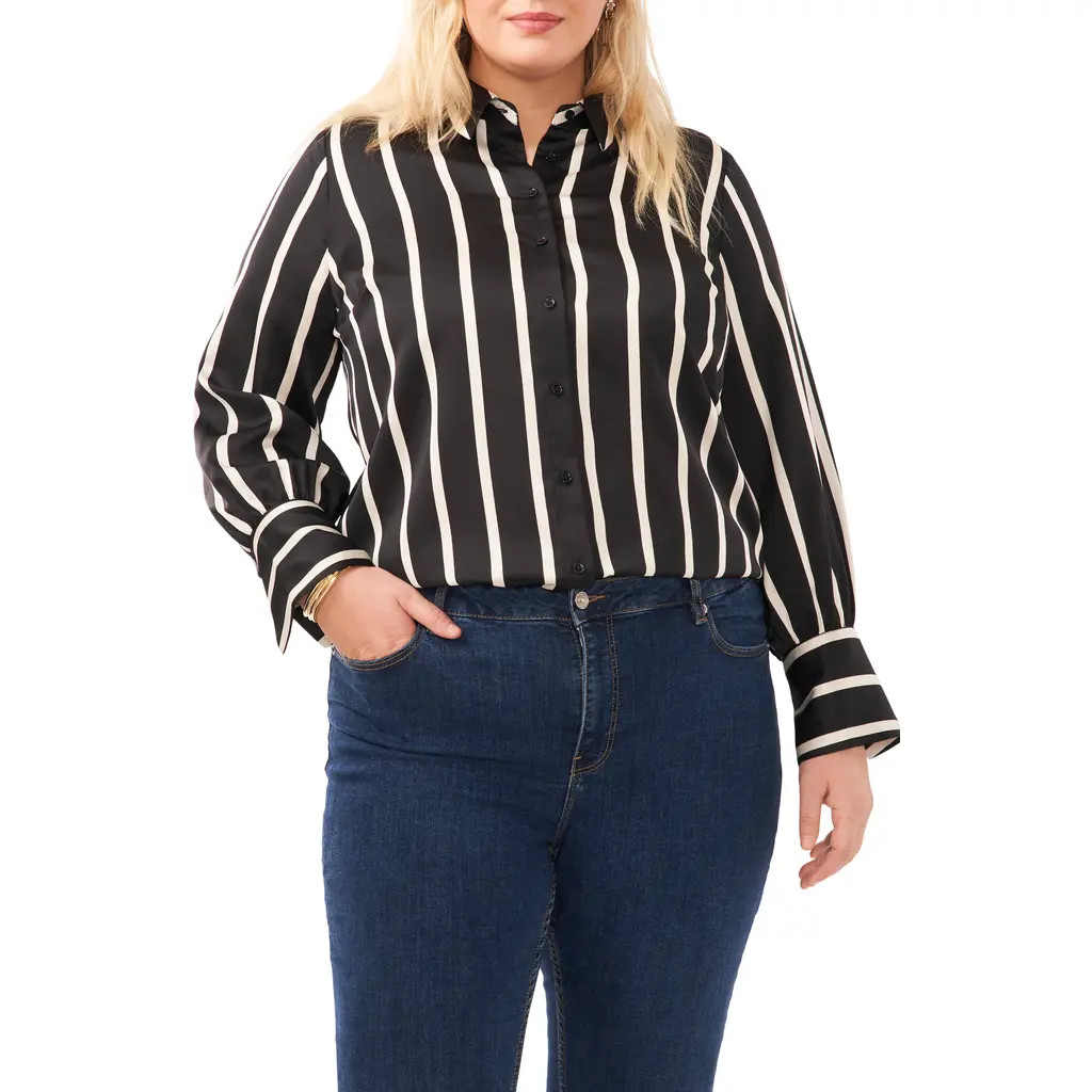 Vince Camuto Stripe Charmeuse Button-Up Shirt in Rich Black at Nordstrom, Size 1X | Nordstrom