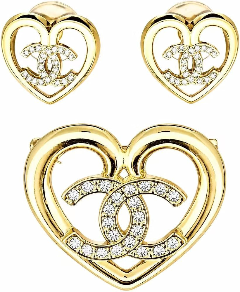 Gold-Tone Heart Shape Brooch and Stud Earrings Set, Crystal Embellished, 2-Piece Jewelry Set | Amazon (US)