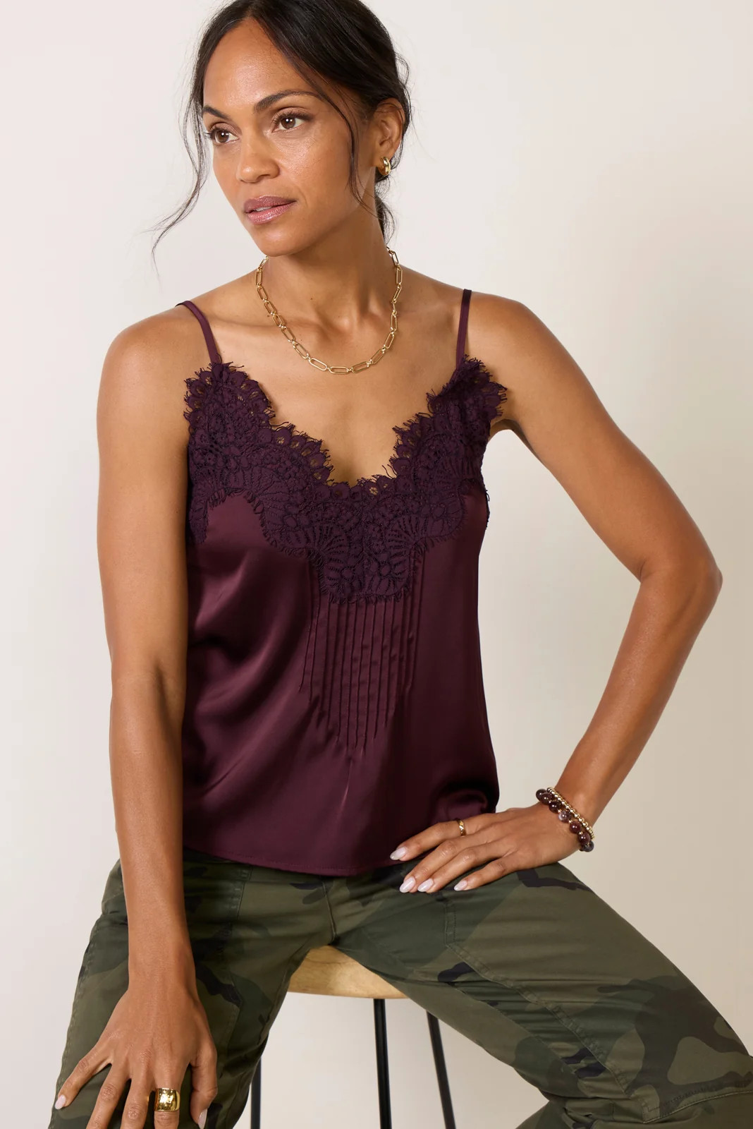 EVEREVE Women's Juliette Lace Pintuck Cami Top, Size Small, Wine Red | Evereve