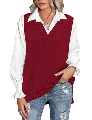 Zeagoo Oversized Sweater Vest for Women Sleeveless V Neck Loose Pullover Tank Top Wine Red | Amazon (US)