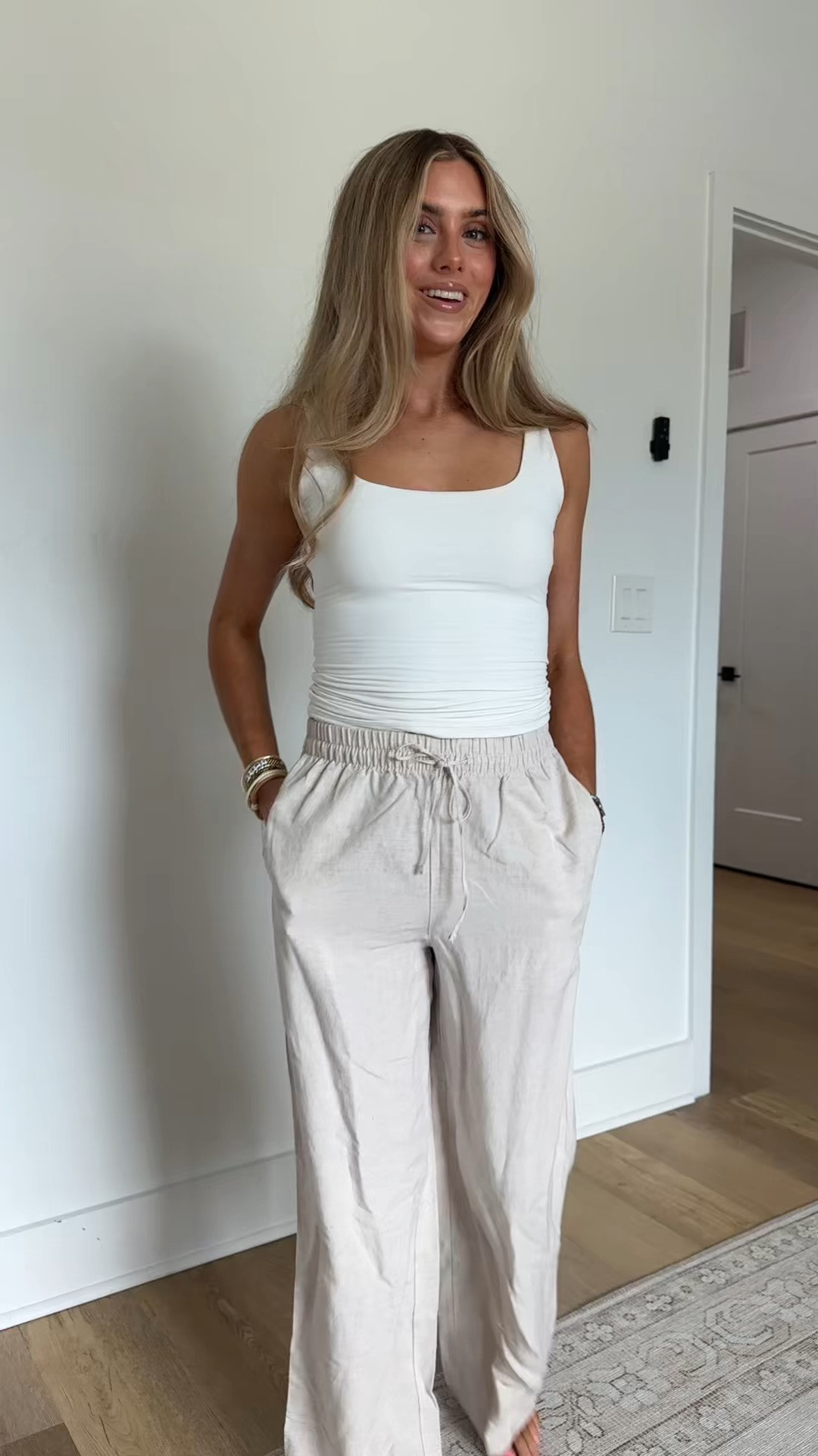 @hm size xs Loose-fit pants in an airy, woven linen blend. High waist, elasticized waistband with narrow drawstring, and discreet side pockets. Straight legs.

#LTKSeasonal #LTKSaleAlert #LTKootd