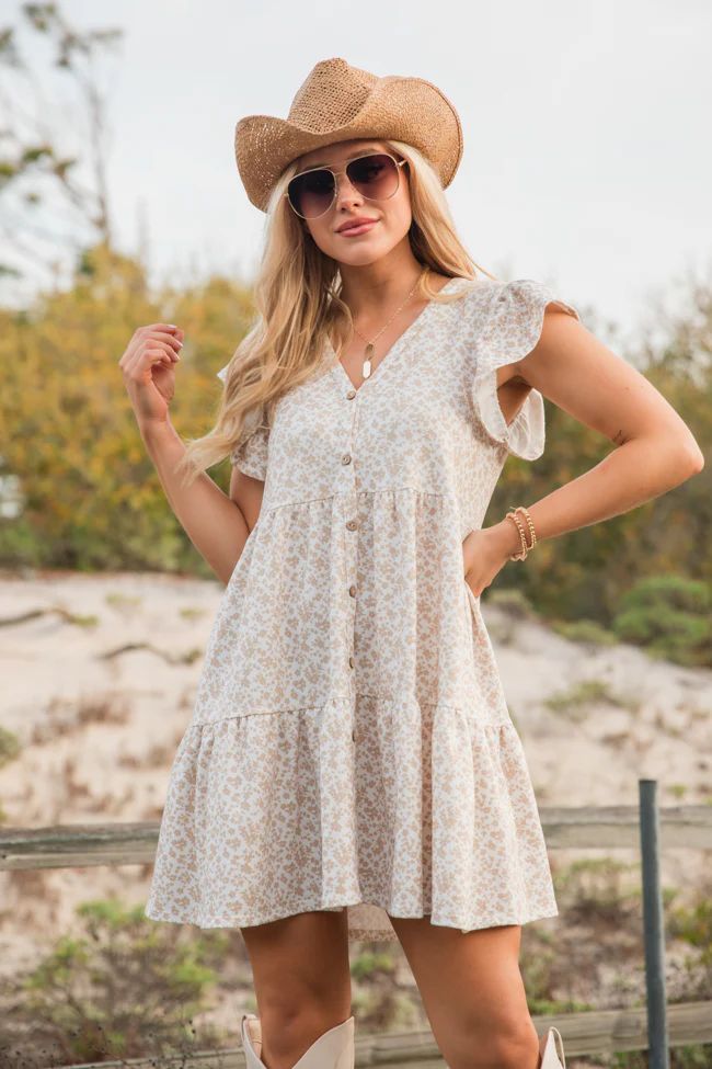 Coast Is Calling Taupe and White Printed Knit Dress | Pink Lily