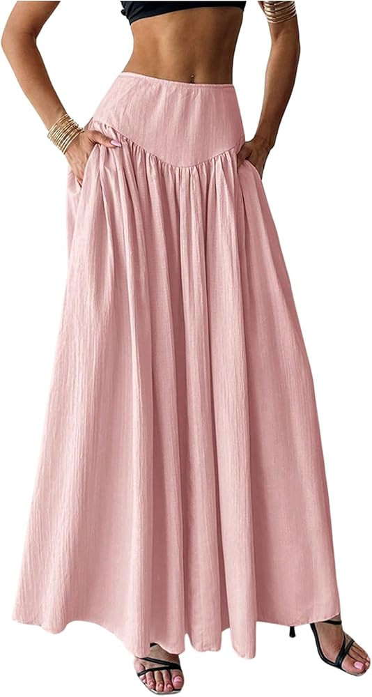 Milumia Women's Pleated Flowy Long Skirts High Waist Maxi Skirt with Pocket | Amazon (US)