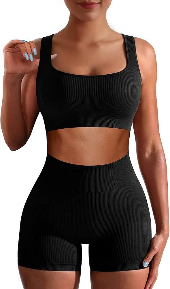 Workout Sets for Women Two Piece Sets for Women Summer Seamless Ribbed High Waist Leggings with S... | Amazon (US)