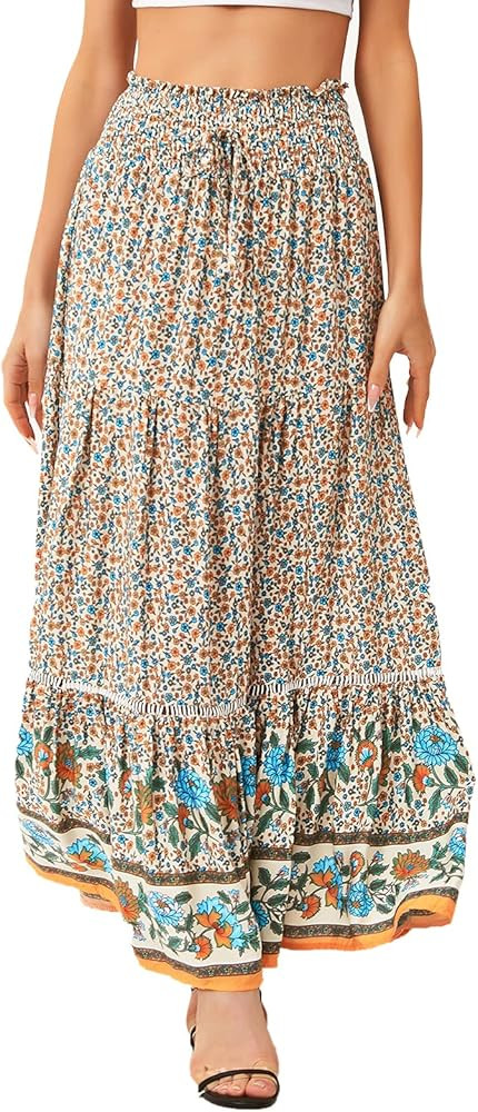 American Trends Womens Boho Skirt for Women Floral A Line Midi Skirt Ruffle High Waist Swing Maxi... | Amazon (US)
