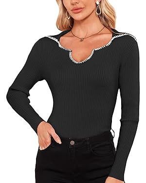 Collared Sweaters for Women Color Block Knit Pullover Top V Neck Slim Fitted Basic Tee | Amazon (US)