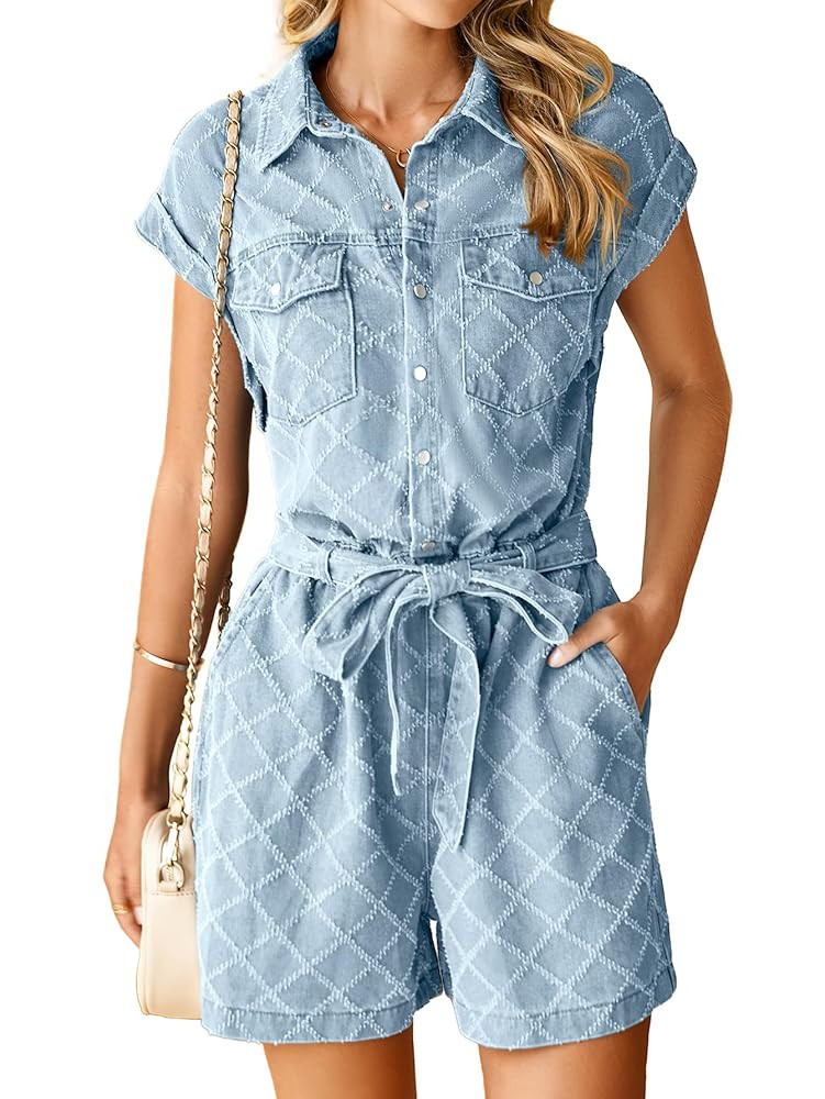 Simplee Womens 2025 Denim Romper Casual Short Sleeve Cargo Jean Romper, Summer Date Night, Amazon... | Amazon (US)
