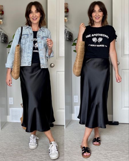 Morning to afternoon spring outfit!
Used my micro stitch tagging gun to keep my sleeves folded up, it comes in so handy!
Sized up to M for more length in this silky midi skirt (just ordered the champagne color) and in the graphic tee for an oversized fit.
Wearing my usual S in the denim jacket. Adidas fit tts but I sized up 1/2 in the sandals, they fit narrow. I also have them in brown, they are a great summer staple.
My bag is from Mango and 30% off if you spend over $220🇺🇸 or $260🇨🇦 with code 30EXTRA.


#LTKitbag #LTKshoecrush #LTKstyletip
