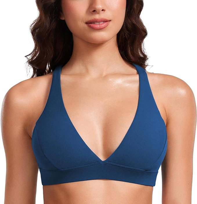 CRZ YOGA Butterluxe Deep V-Neck Sports Bras for Women - Spaghetti Strap Criss Cross Padded Bra Se... | Amazon (US)