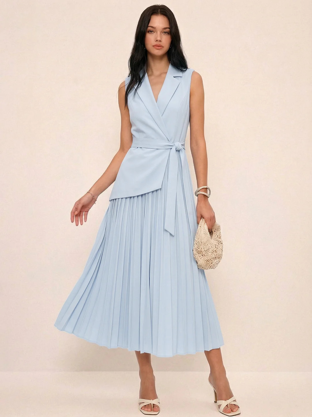 Sleeveless Belted Pleated Blazer Dress | Commense