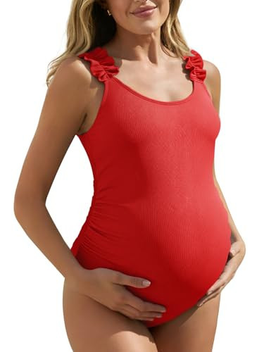 Summer Mae Ribbed Maternity One Piece Swimsuit Ruffle Wood Ears Bathing Suit Scoop Neck Pregnancy Swimwear Red 14 | Amazon (US)