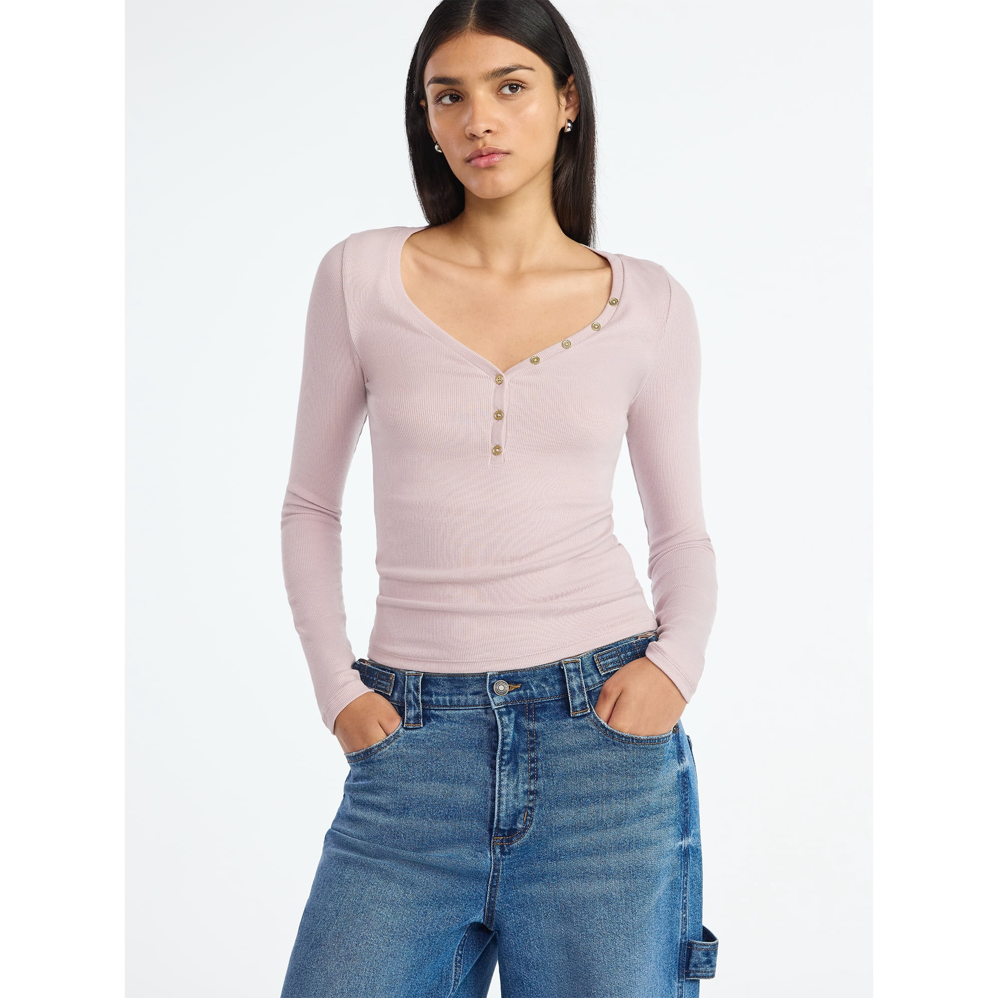 Scoop Women’s Ribbed V Neck Henley Top with Long Sleeves, Sizes XS-XXL | Walmart (US)