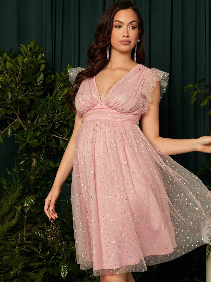 SHEIN Maternity Ruffle Trim Sequin Mesh Overlay Dress | SHEIN