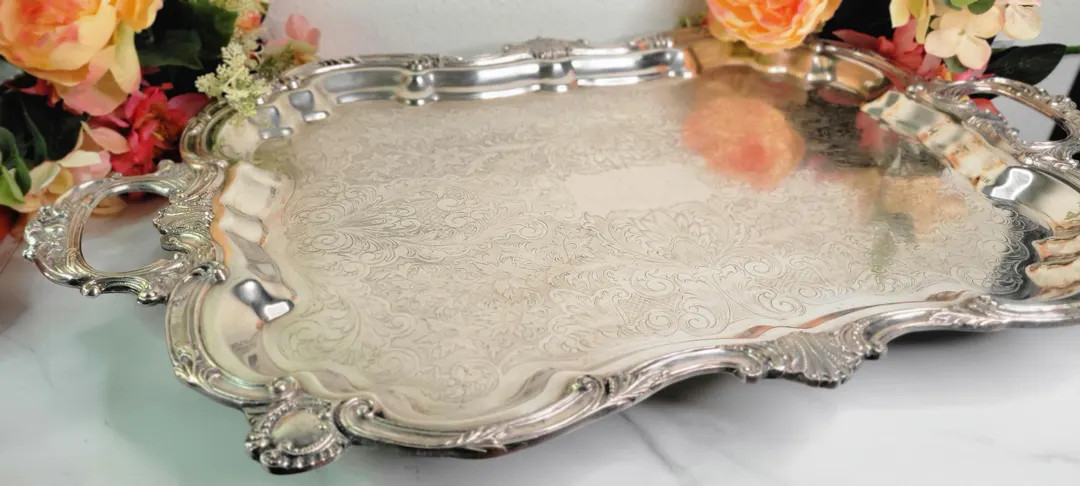 Vintage Ornate English Silver Mfg. Corp. Footed Butler Tray - Leonard Silver - Heavy - Made in US... | Etsy (US)