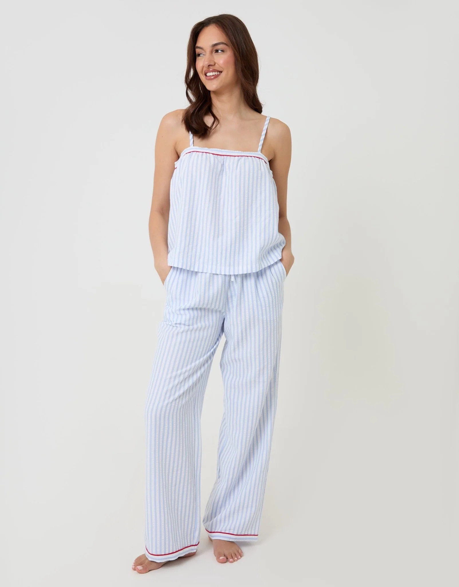 A-Line Cami Seersucker Pyjama Set in Blue Stripe | Threadbare UK