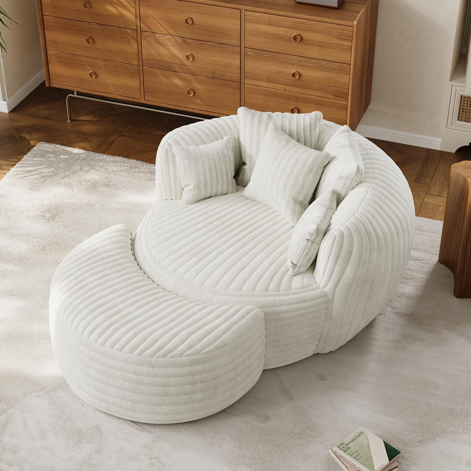 50" W Oversized Round Chaise Lounge Chair with Ottoman Indoor Boneless Plush Fluffy Corduroy Circ... | Amazon (US)