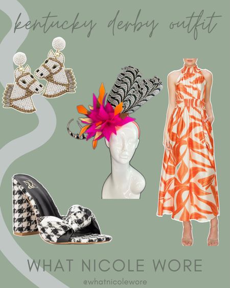 Pink and orange Kentucky Derby outfit // orange and white halter dress, Easter dress, black and white heeled sandal, boucle heels, horse earrings, horse statement earrings, Kentucky derby earrings, pink and orange fascinator, Kentucky derby hat

#LTKfindsunder100 #LTKstyletip #LTKshoecrush