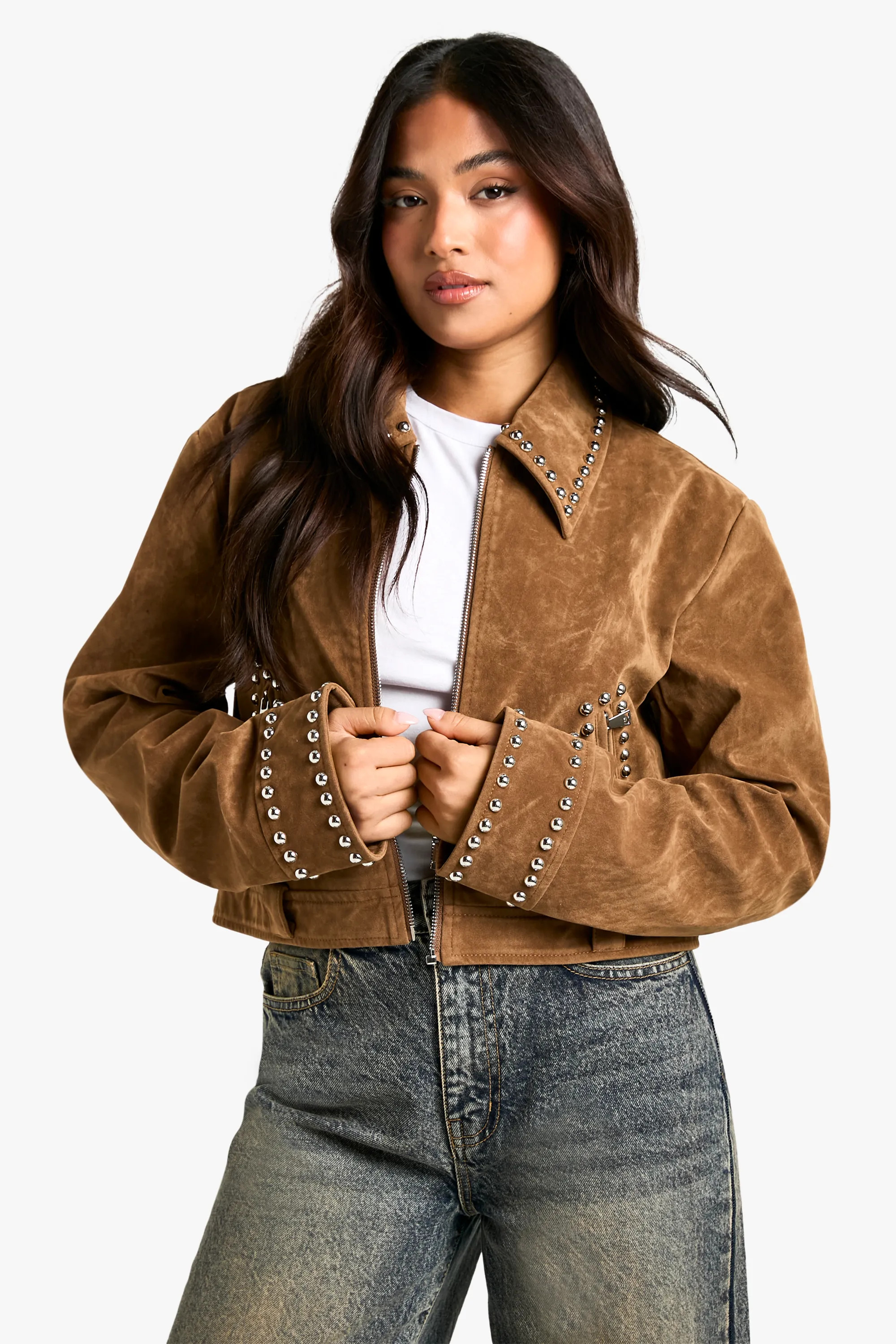 boohoo Women's Petite Stud Detail Faux Suede Jacket in Tan | Size: 12 | boohoo (US & Canada)