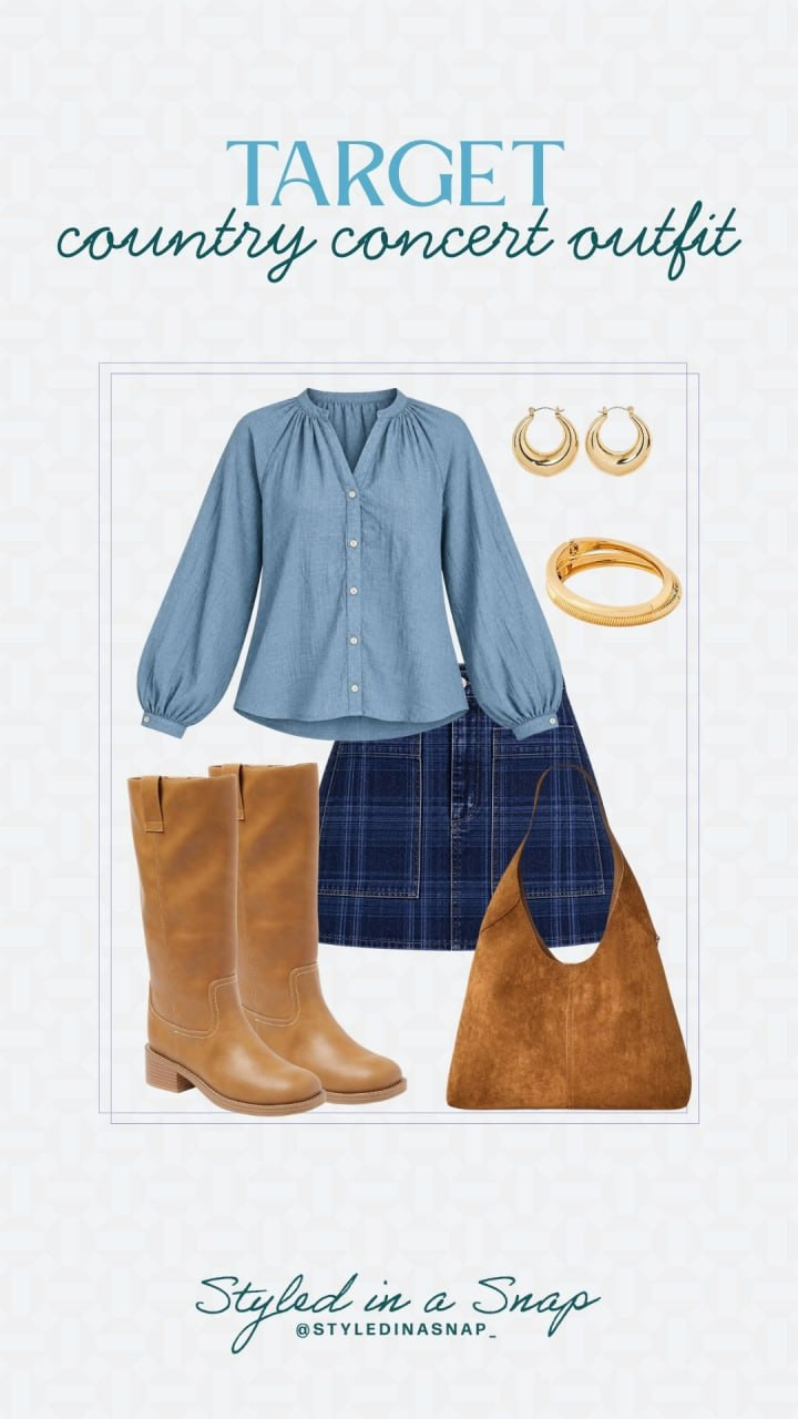 Target country concert outfit 🤠 Chambray blouse, denim mini, and tall boots for your next night out!

// Country Concert Outfits, Target Fashion Finds, Target Womens Fashion, Target Outfits Women 

 #LTKgrwm #LTKootd #LTKSeasonal