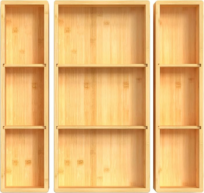 DUJEN Bamboo Drawer Organizer 12.5'' X 12.5'' X 2'', Adjustable 3 Individual Junk Drawer organize... | Amazon (US)