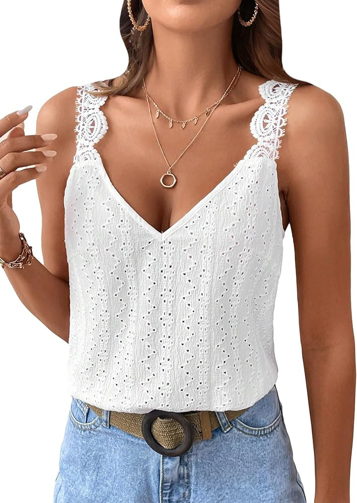 SweatyRocks Women's Contrast Lace Backless Tank Top V Neck Sleeveless Shirts Top | Amazon (US)