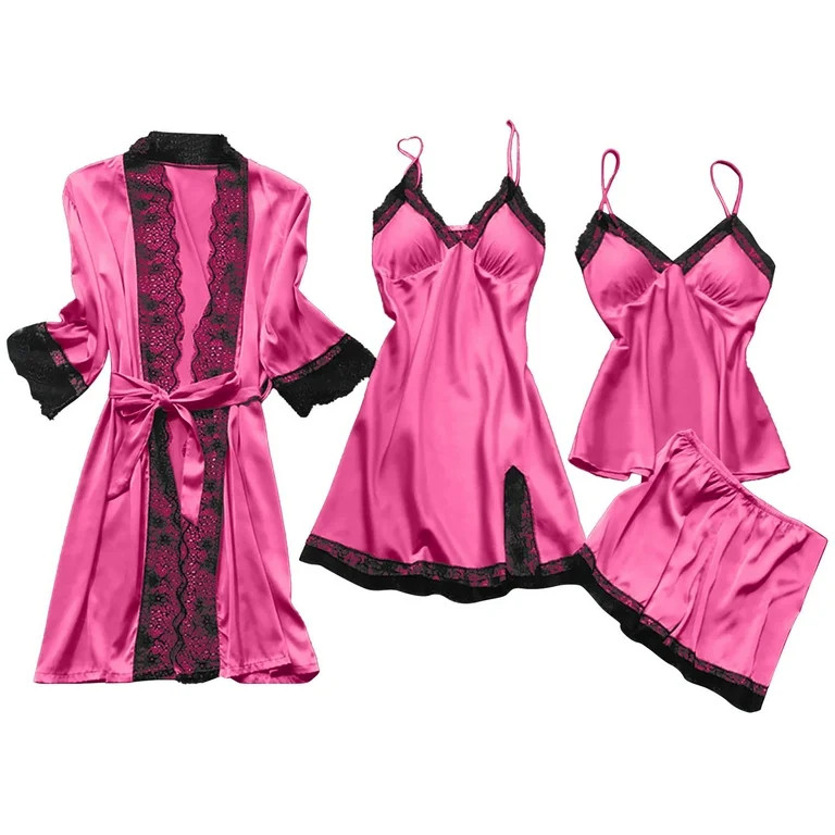 Womens 4pcs Pajamas Set, Soft Silk Satin Sleepwear Lace Trim Nightdress Pj Set with Robe, Comfy H... | Walmart (US)