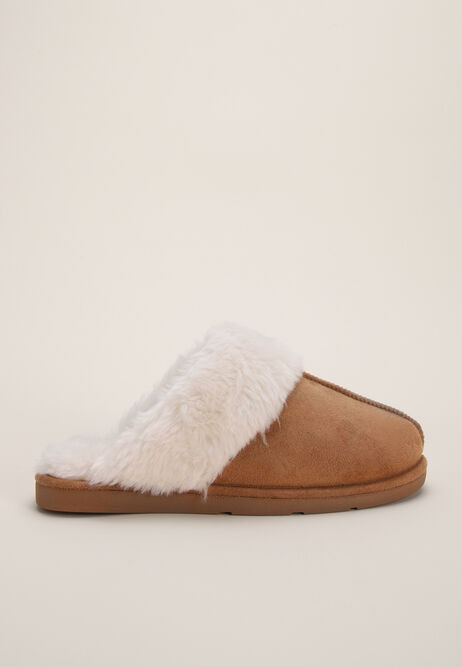 Womens Tan Fluffy Premium Mule Slippers | Peacocks