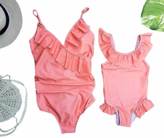 Mommy and me Outfit, coral Swimsuit, Mommy and me Swimsuit, matching mother daughter swimsuit, ma... | Etsy (US)