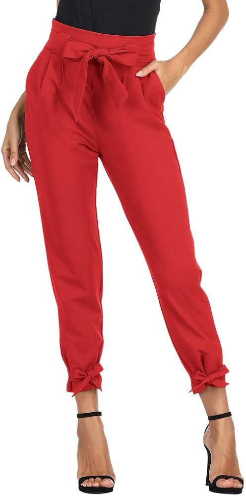 GRACE KARIN Women's Casual Pants Solid High Waist Self Tie Belted Pencil Trouser | Amazon (US)