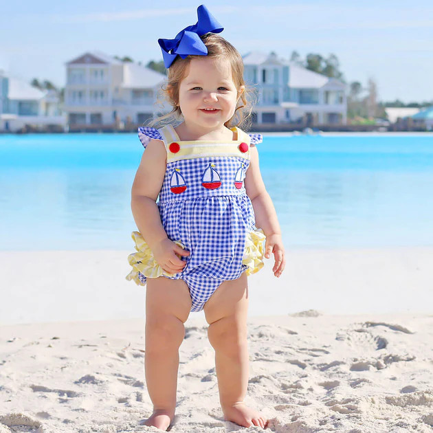 Primary Sailboat Applique Cross Back Ruffle Bubble | Classic Whimsy