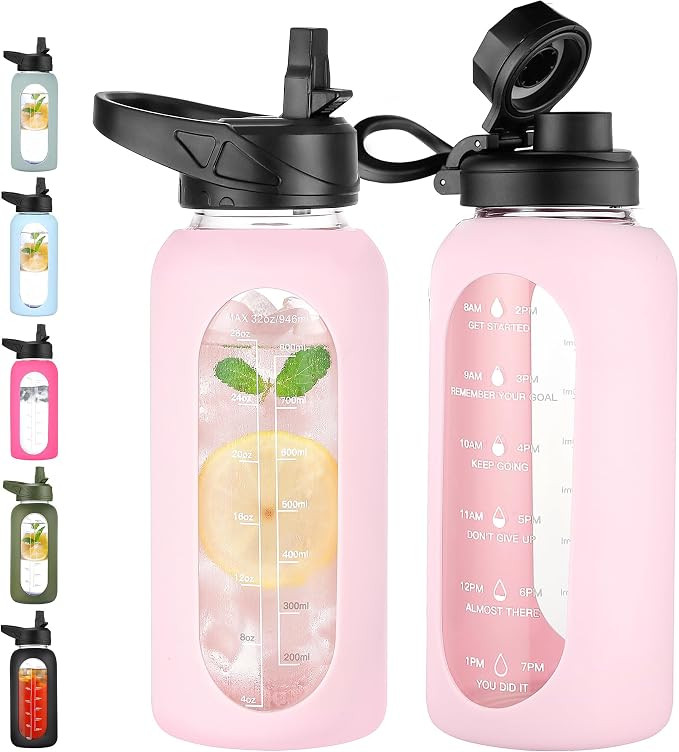 CIVAGO 32 oz Glass Water Bottle with Straw and Handle, Large Sports Motivational Water Bottle Fla... | Amazon (US)