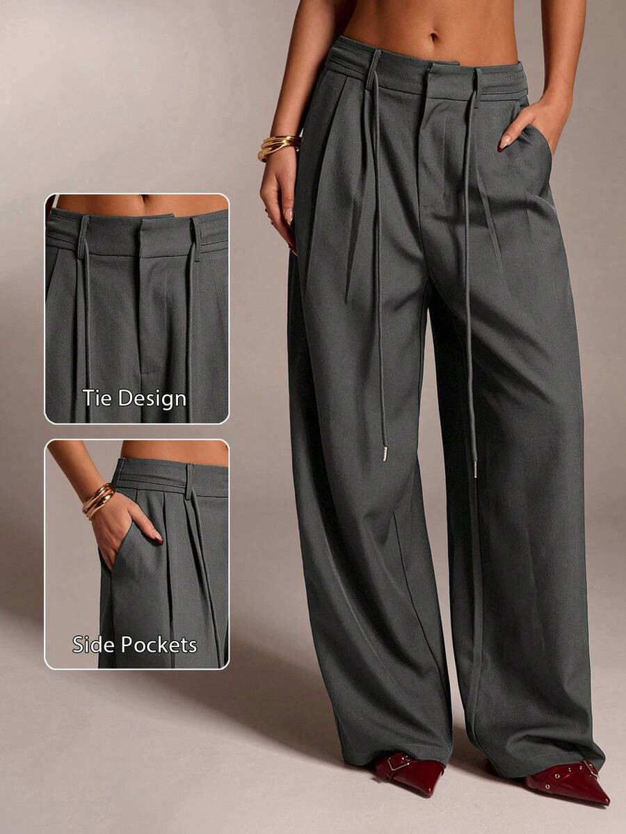 SHEIN Tall CURVE Plus Size Women Solid Color Pocket Casual Versatile Wide Leg Pants For Daily Wear Fall | SHEIN