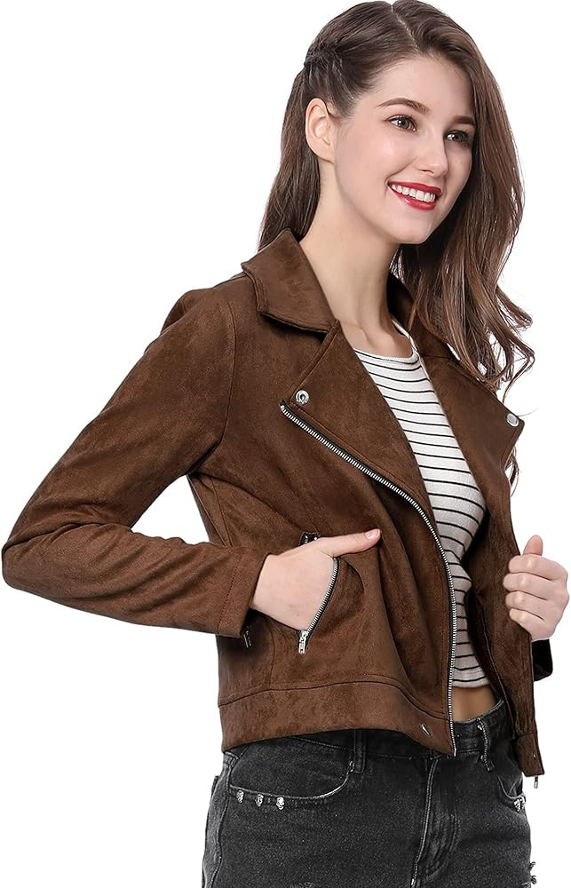 Allegra K Women's Short Soft Zip Up Faux Suede Biker Moto Jacket | Amazon (US)