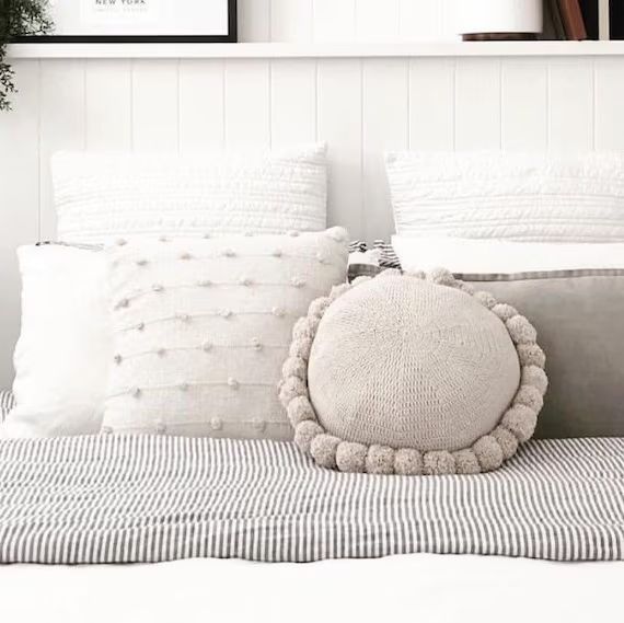 Latte Beige - 100 % Cotton Round Pom Pom Cushion - home decor sofa, bed or chair cushion 45cm | Etsy (US)