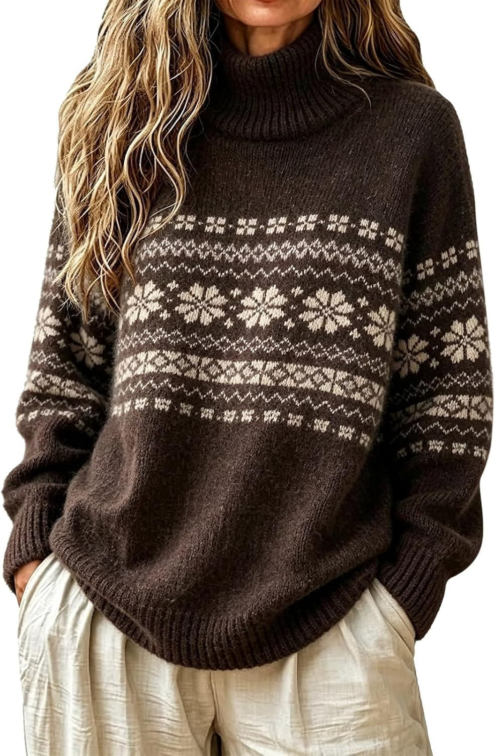 Fair Isle Sweater Women Oversized Mock Neck Long Sleeve Cozy Nordic Sweater | Amazon (US)