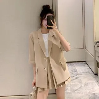 Set: Elbow-Sleeve Blazer + Pleated Skirt | YesStyle Global