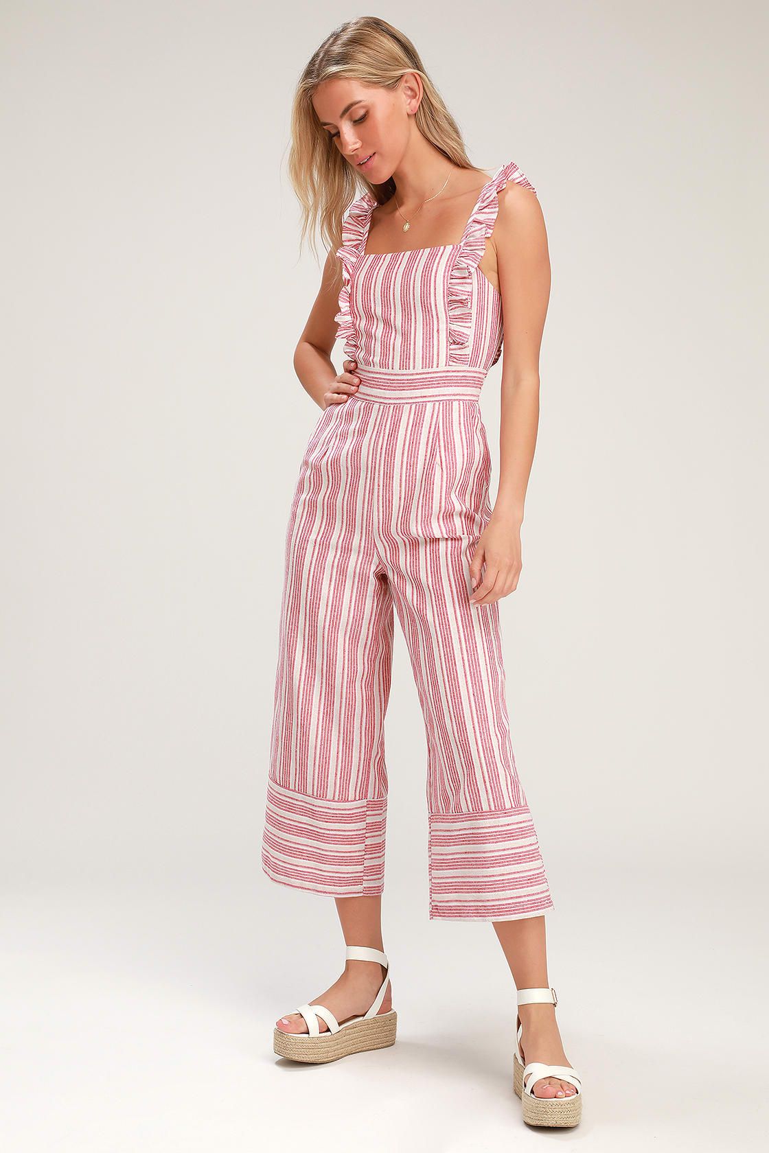 Emilia Rae White and Red Striped Ruffle Culotte Jumpsuit | Lulus