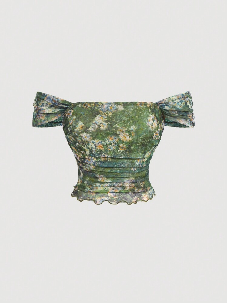 SHEIN MOD Off-Shoulder Vintage Floral Mesh Blouse,Off The Shoulder Top,Vintage Van Gogh Painting ... | SHEIN