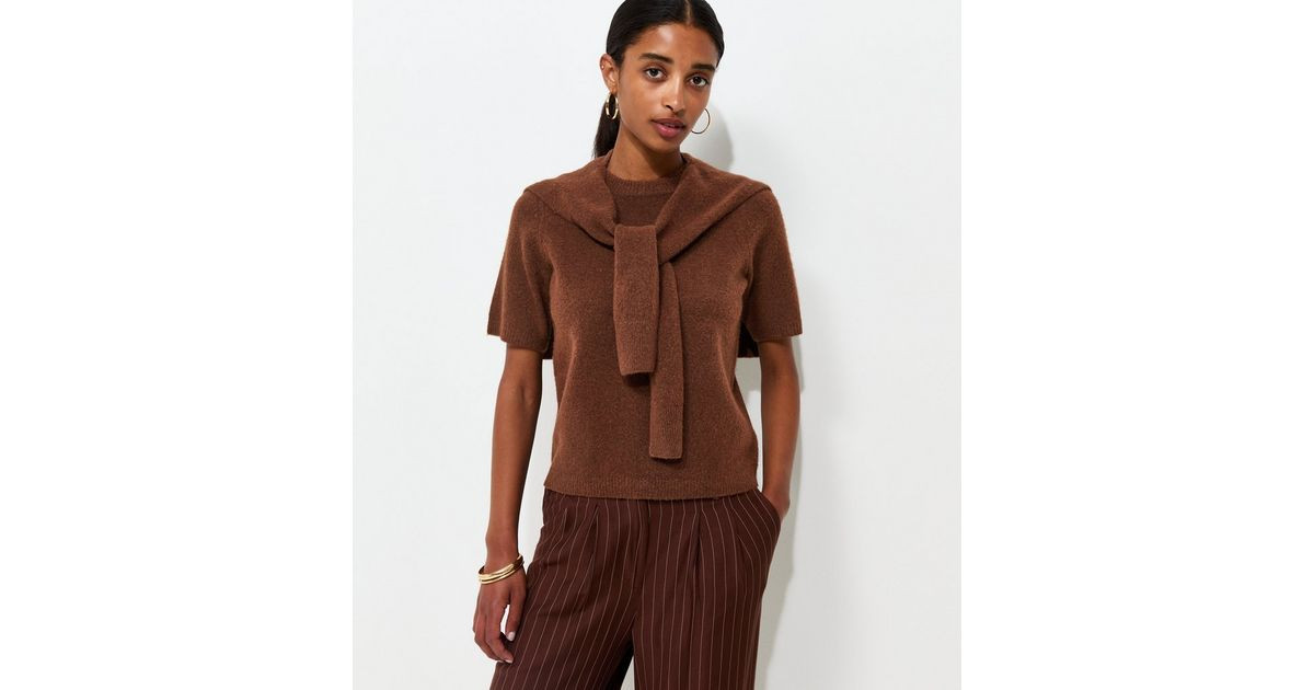 Women's Brown Brushed Knit Scarf Detail Short Sleeve Top New Look | New Look (UK)