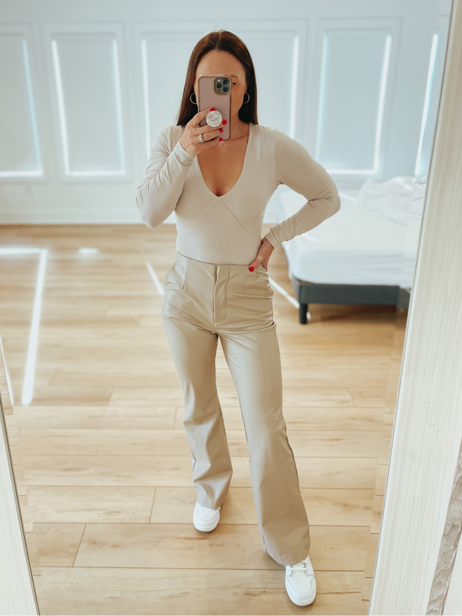 Faux leather pants fit true to size 
Bodysuit fit true to size 
Air Jordan fit true to size 

#LTKstyletip #LTKshoecrush #LTKunder100