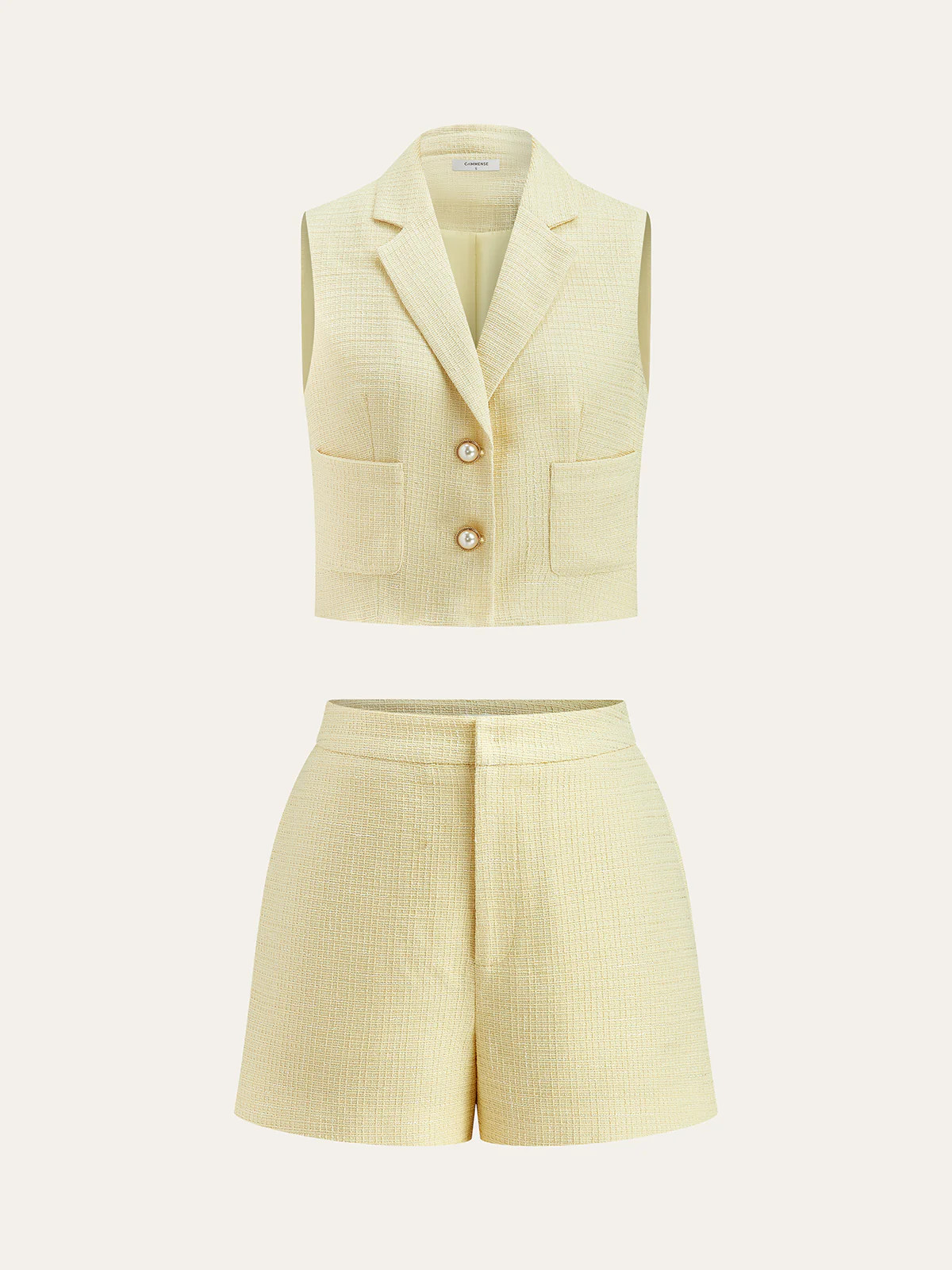 Pearl Button Tweed Vest and Shorts Set | Commense