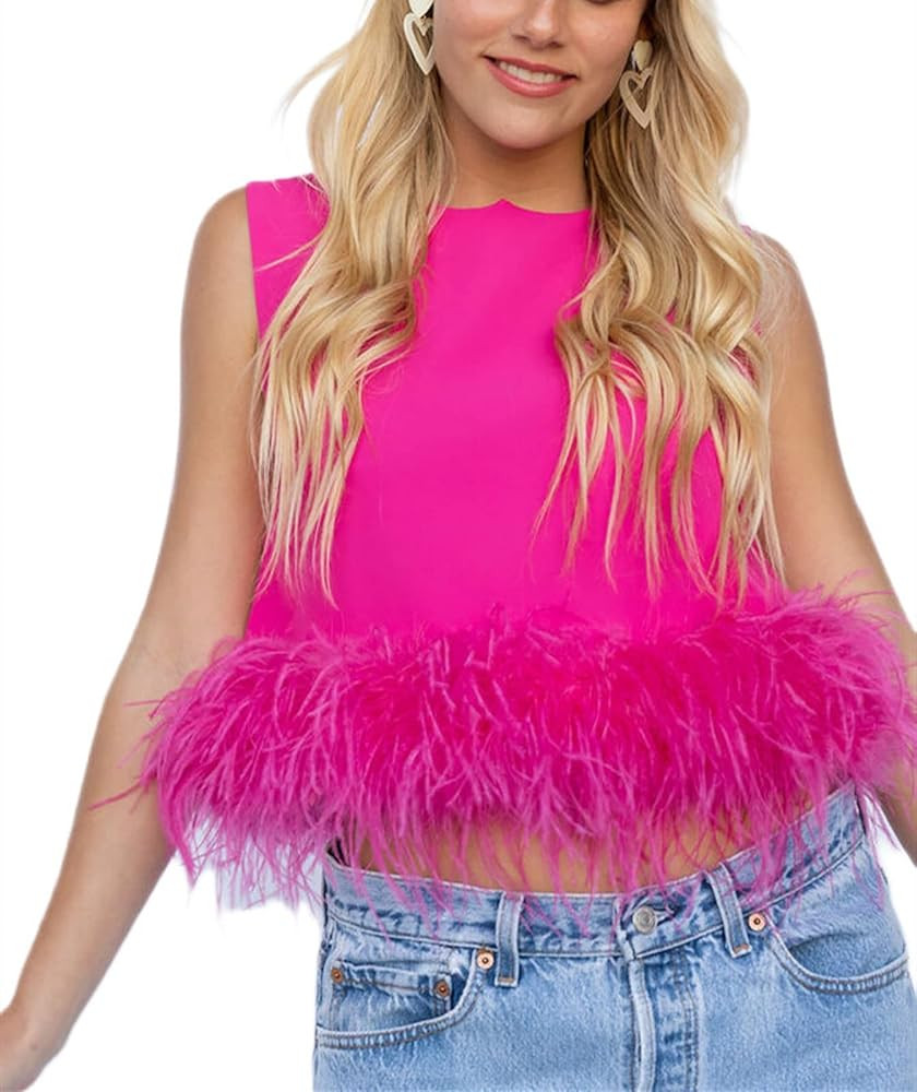 Women Sexy Feather Crop Tops Faux Fur Trim Sleeveless Vest Tank Top Party Club Streewear | Amazon (US)