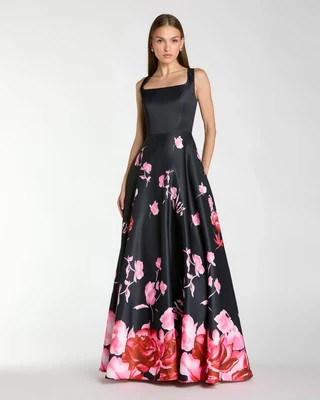 Black Square Neck Floral Print Ball Gown | Mac Duggal