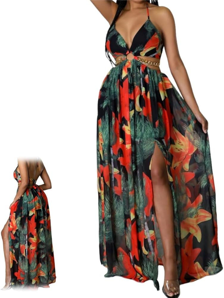 Women's Floral Print Chain Decor Split Thigh Tie Back Dress,V Neck Tie Open Back High Slit A Line... | Amazon (US)