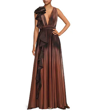 Muse by Marchesa Lily Organza Ombre 3D Cascading Ruffle V-Neck Sleeveless A-Line Gown | Dillard's | Dillard's